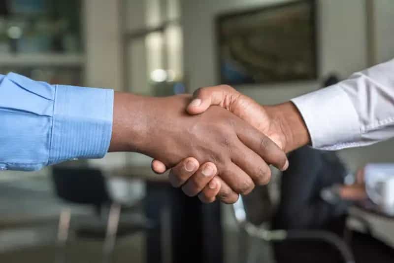 Two professionals shaking hands during a business networking meeting