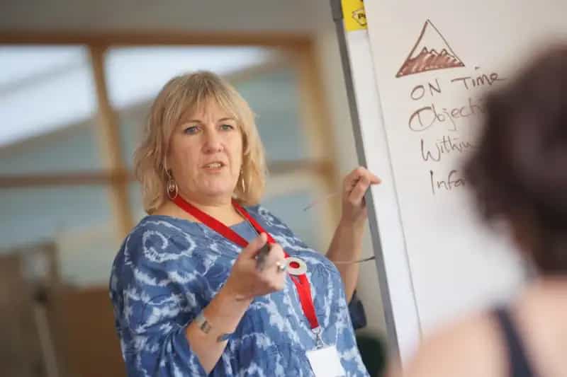 Teacher writing on a whiteboard in a classroom during a lesson